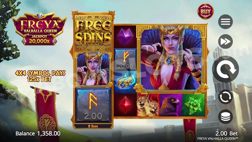 A casino slot with 3 big symbols on the first reel and 4 on the following 4 reels.